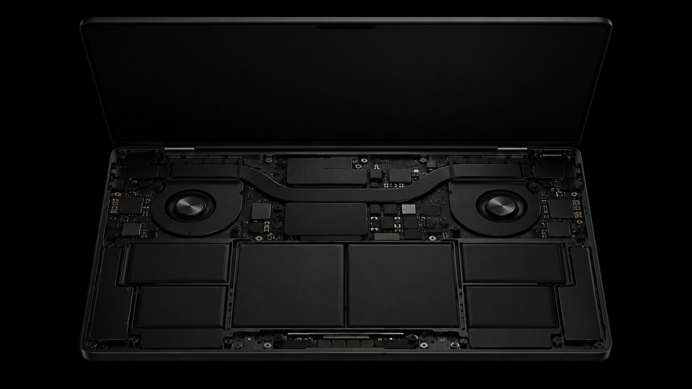 MacBook Pro opened showing logic board, fans and battery cells