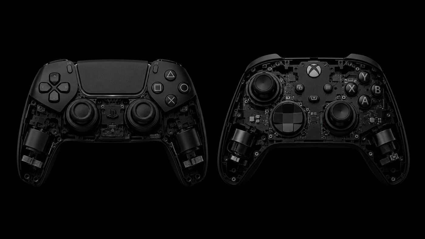 DualSense and Xbox wireless controllers opened showing internal boards