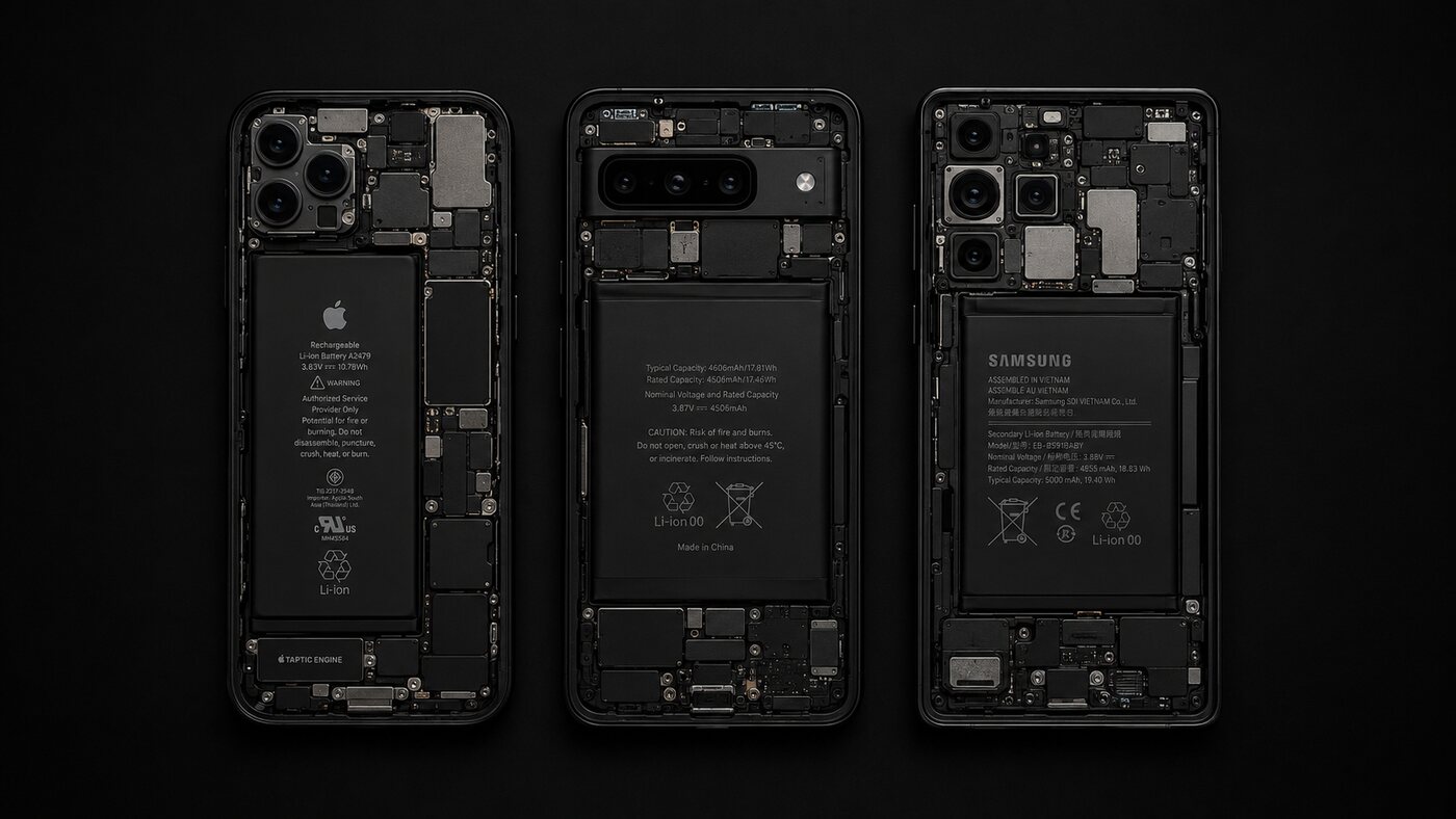 iPhone, Google Pixel and Samsung Galaxy phones opened showing batteries and logic boards